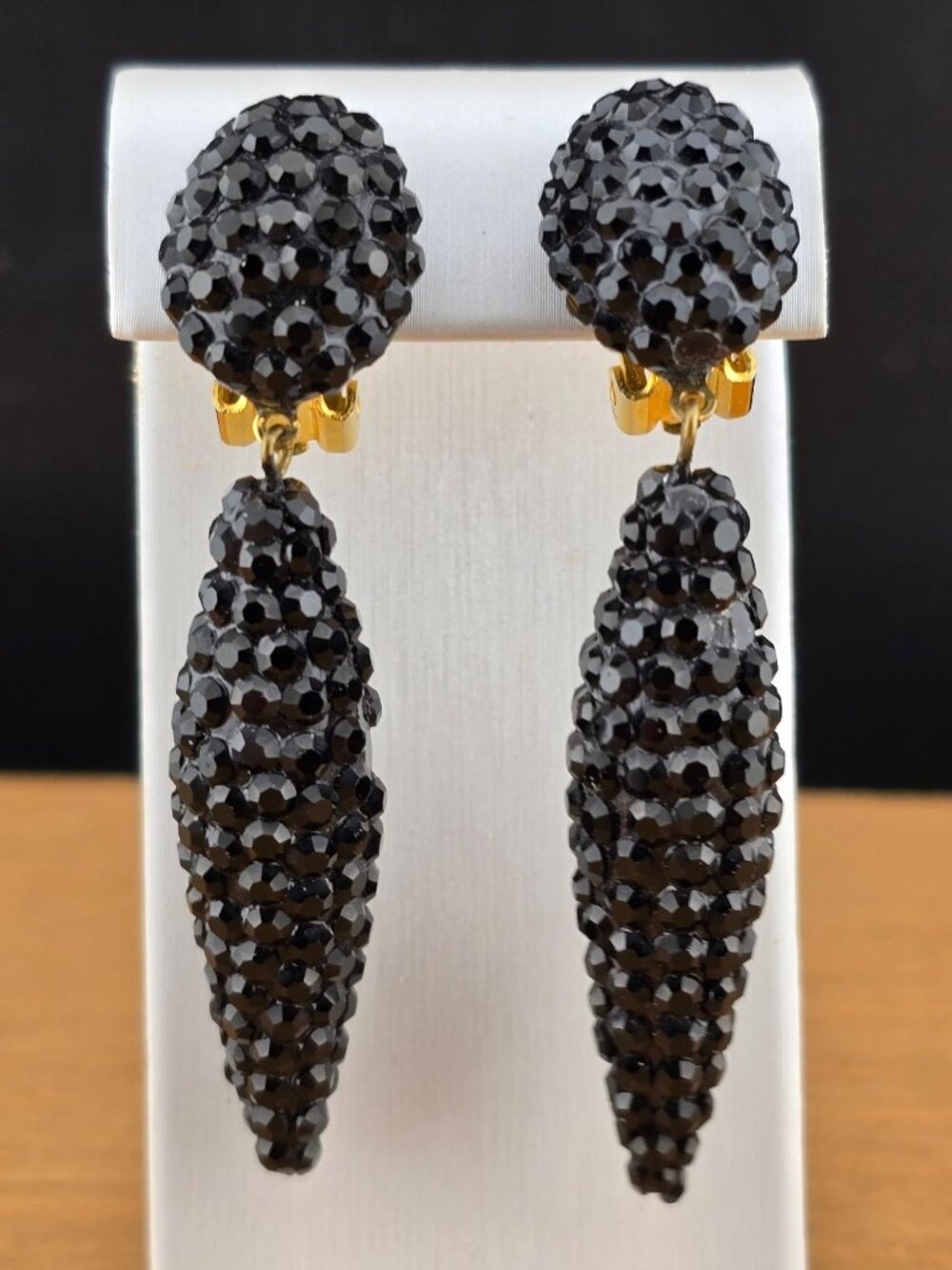 Vintage Richard Kerr Black Pave Rhinestone Drop Clip-On Earrings  Statement READ